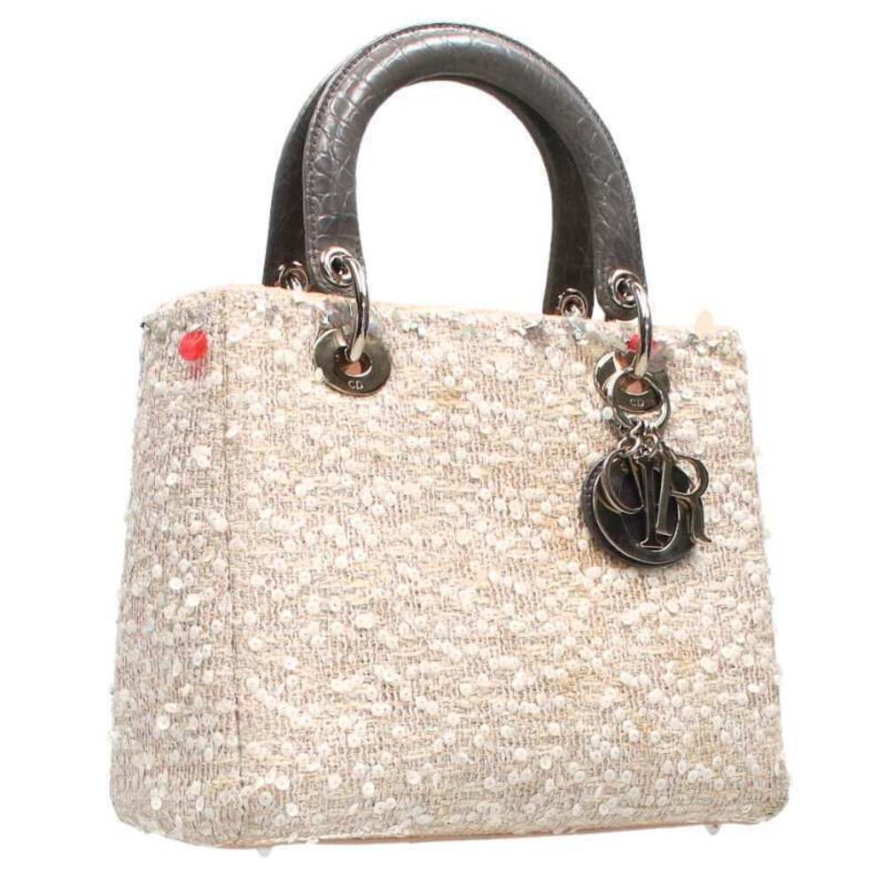 Christian Dior Lady Sequin Tweed Handbag Beige Gray